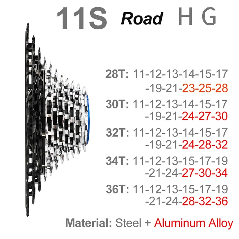 ZTTO Ultralight Gravel HGR Cassette 11/12 Speed Road Bike HG Sprocket 116g~151g K7 11-28/30/32/34/36T Black-silver Freewheel