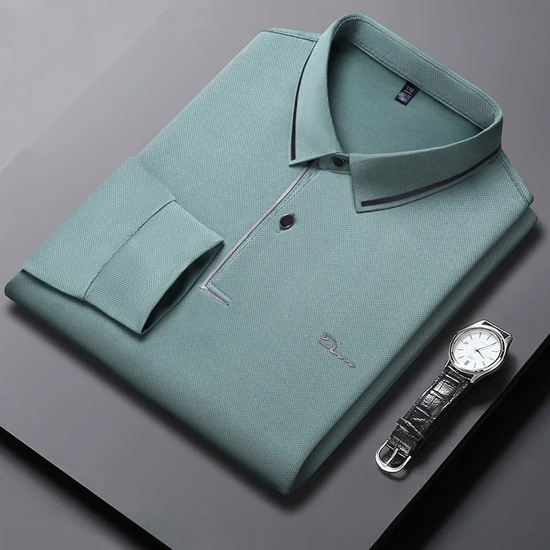 New Men's Business Casual Long Sleeved Shirt with Badge Solid Color Polo Shirt Fashionable Breathable Comfortable Versatile Top image 2