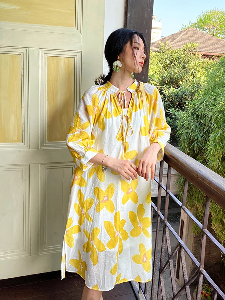 Khalee Yose Boho Floral Chic Midi Dress Loose Cotton V-neck Yellow Casual Long Sleeve Holiday Women Dresses Sexy Ladies Vestidos