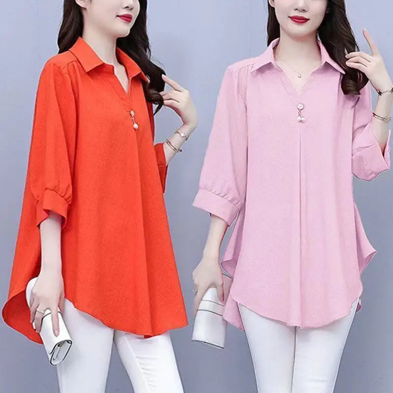 Women Summer Office Lady Elegant Loose Large Size Appear Thin Solid Color Slash Neck 3/4 Sleeve Shirts Ladies Casual Trend Tops