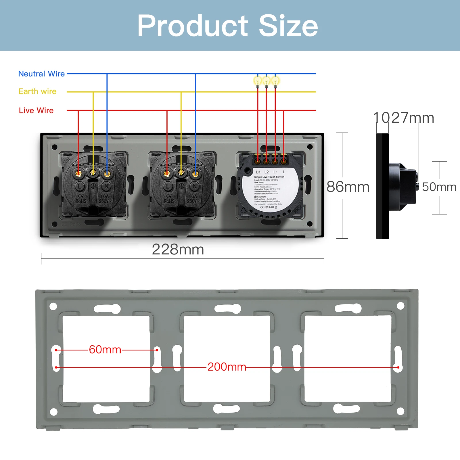 BSEED Touch Light Switch France Prese USB C Carica telefono Cristallo Vetro 1/2/3Gang Interruttori a parete Doppia presa Nero