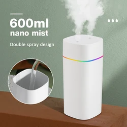 Umidificador de ar com porta de spray duplo, óleo essencial, aromaterapia, atomizador mudo, luzes coloridas para casa, escritório, carro, 600ml