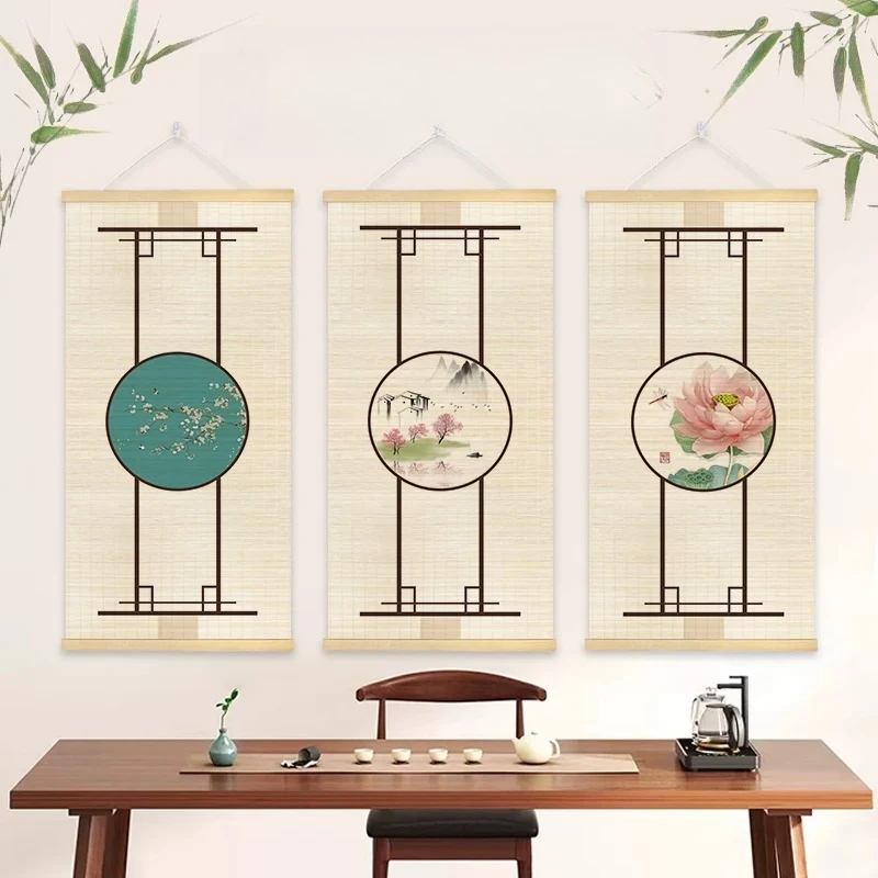 Wall Art Bamboo Scroll Geometric Frame Floral Circle Paintings Wabi Sabi Aesthetic for Living Room Entryway Tea Room Decor