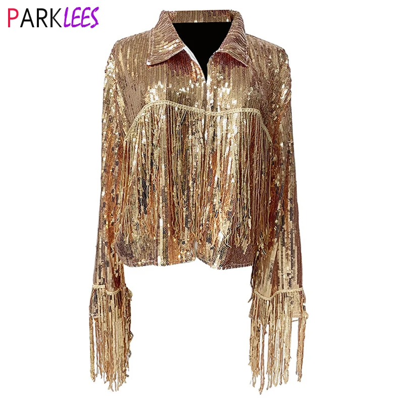 Women's Shiny Sequin Fringe Jacket 90s Streetwear Jacket Glitter Tassel Coat Rave Festival Outfits for Women