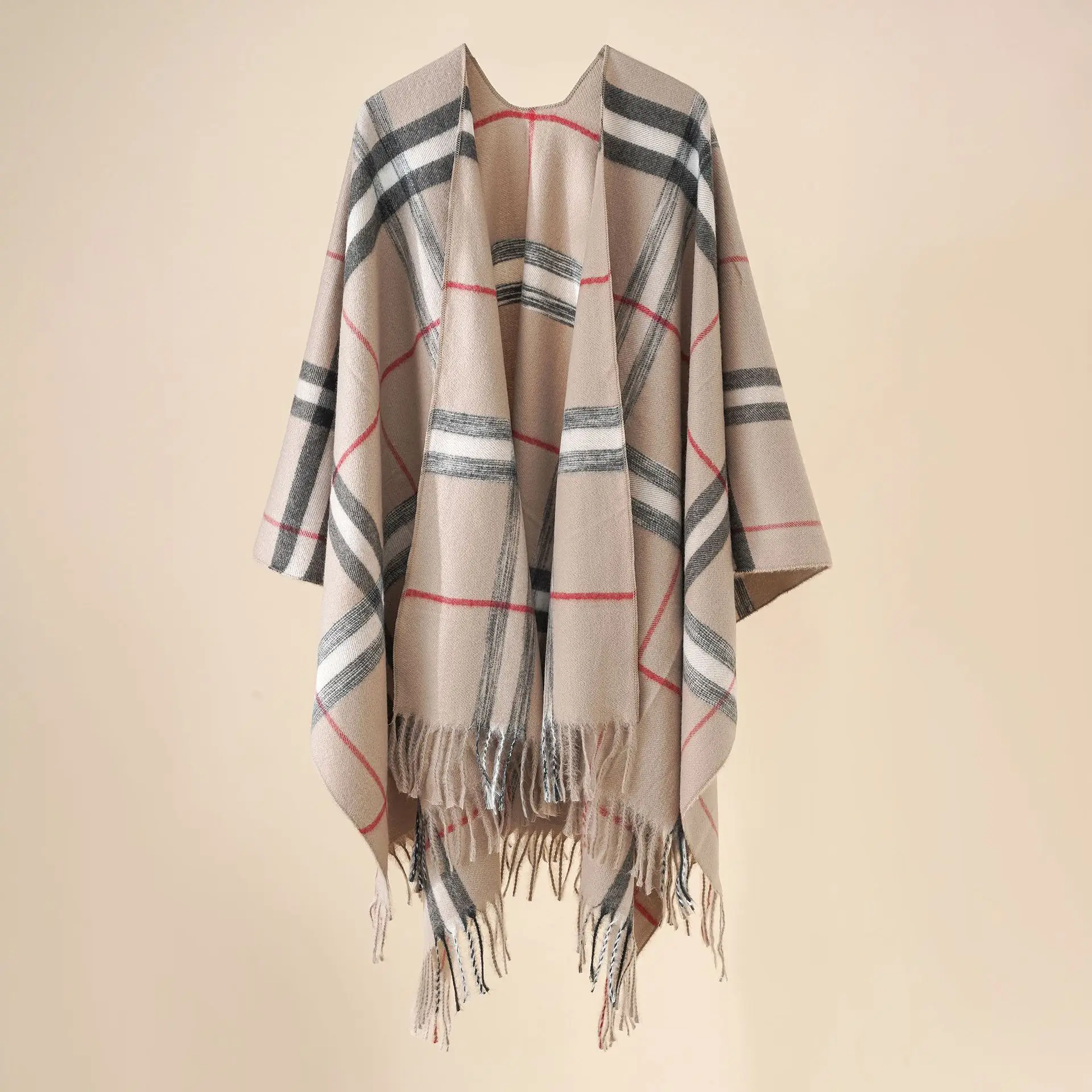 Women Cashmere Feeling Shawl Lady Classic Plaid Cape Spring Autumn Retro Cardigan Winter Cloak with Tassels Soft Large Blanket