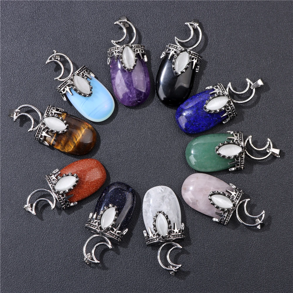 1pc Moon, tribal style pendant, natural stone,Tiger Eye,Jades,Crystal Stone Fashion Pendant Charm For Jewelry Making 26*52MM