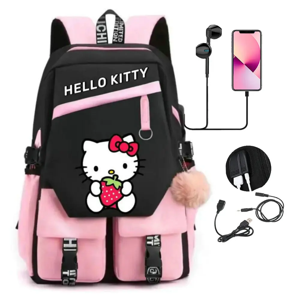 

Fashion Woman Cartoon Backpacks Hello Kitty Knapsack Capacity Double Shoulder Bag USB Charge School Backpack Pink Black