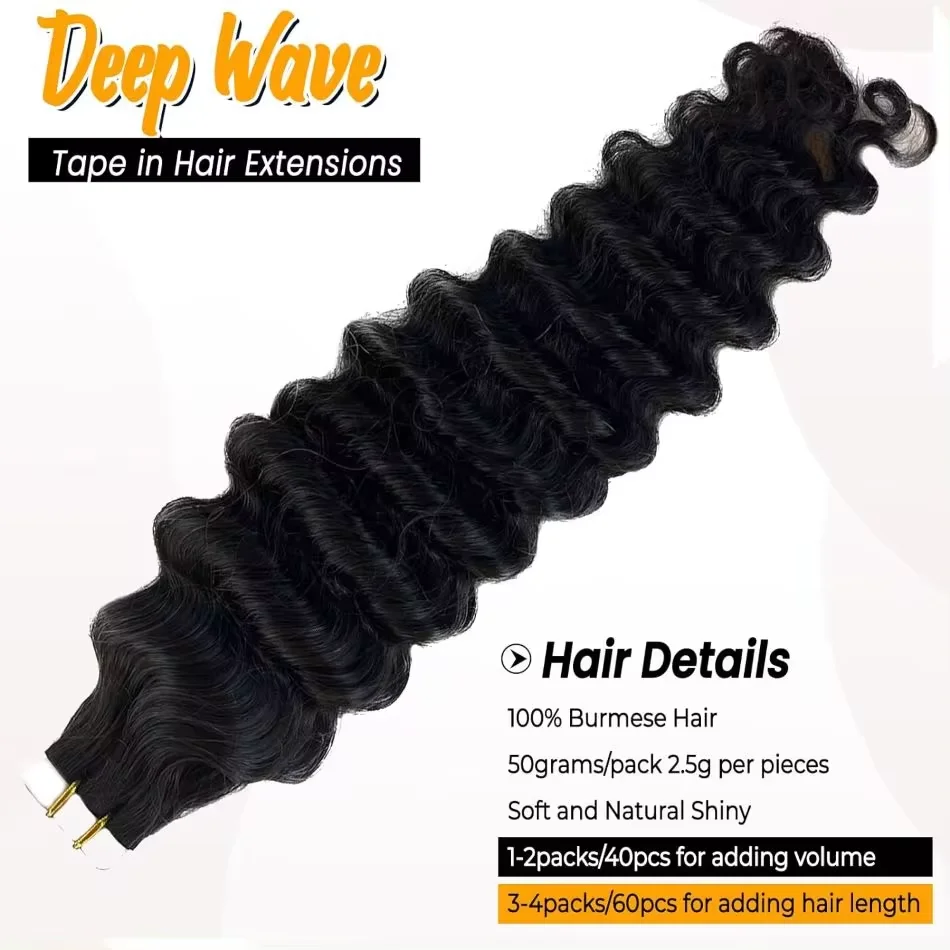 Tape In Human Hair Deep Wave Extensions 100% Real Remy Human Hair Skin Weft Adhesive Glue On For Salon High Quality for Woman