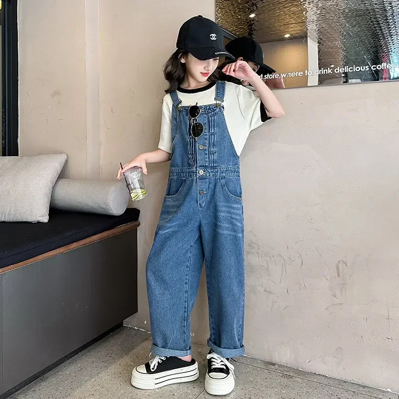 

Summer Overalls for Teen Girl Fashion Button Design with Pocket 2023 Korean Casual Girls Overall Jumpsuit 5 7 9 10 11 13 14Years