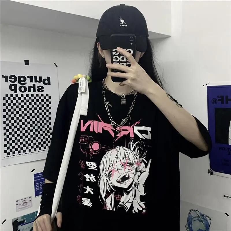 T-shirt gothique Harajuku pour femmes, manches courtes imprimées, noir, court, t-shirts en Y, mode décontractée, vêtements pour femmes, grunge Y2K