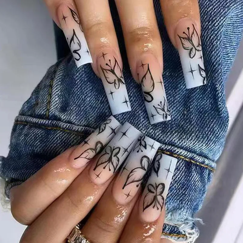 24Pcs Long Coffin Square Head Fake Nails Wearable Ballet Blue Butterfly with Glitter Press on False Nails Detachable Finger Nail view 4