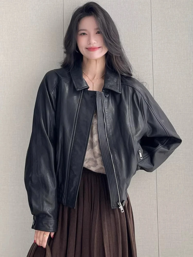 

Casual Short Genuine Leather Jackets for Women Spring Autumn 2026 New High-end Simple Classic Soft Black Real Sheepskin Coat
