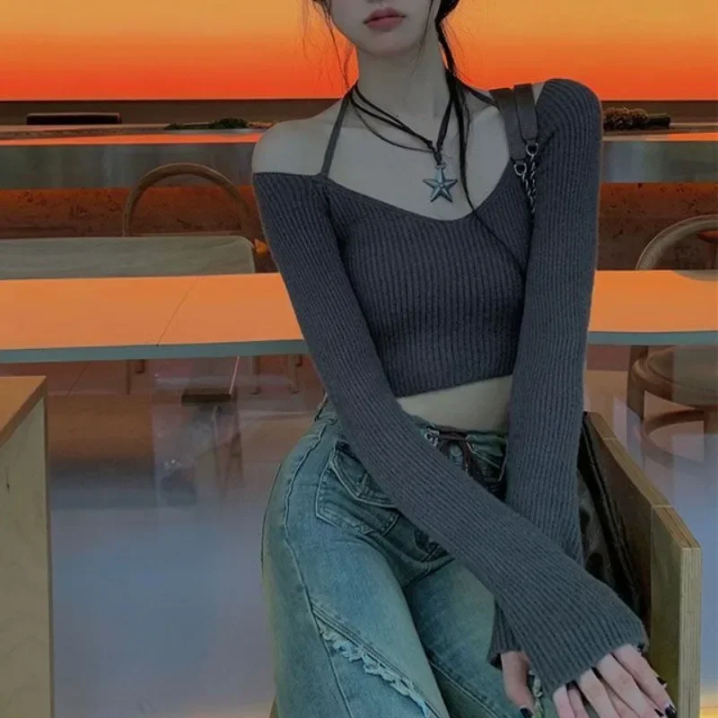 Long Sleeve Sweaters Off Shoulder Y2k Aesthetic Fairy Grunge Grey Cropped Sling Tops Korean Style Kittted Hotsweet Clothing