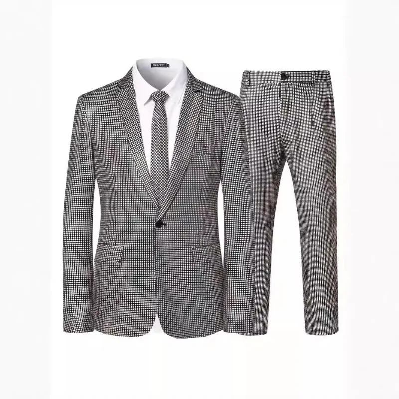 Men's Plaid Sequins Suit Wedding Ceremony Party Performance Dress Two-piece Suit