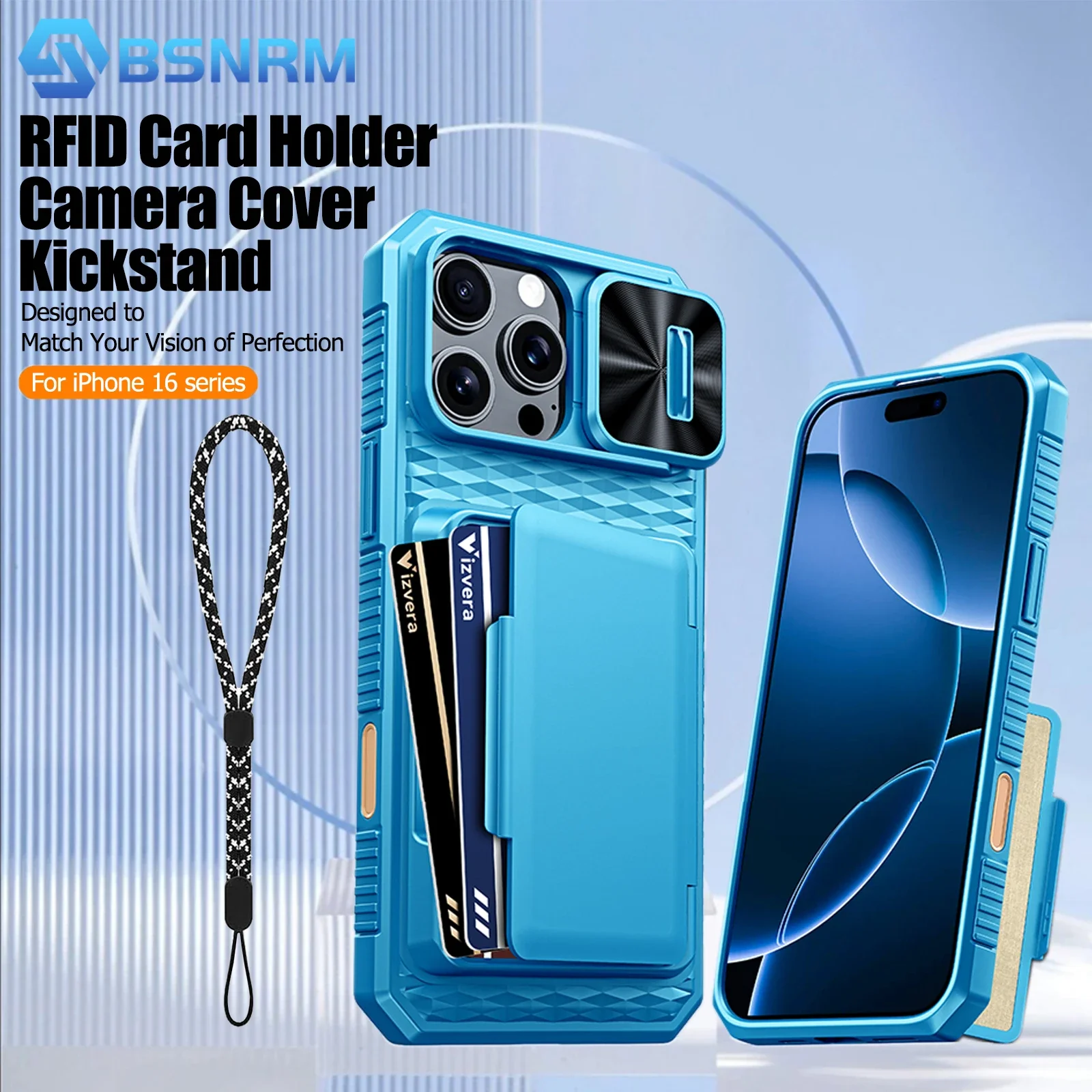 

RFID Wallet Cards Holder,Camera Cover, Full Body Rugged Shockproof Silicone Protective Phone Case for iPhone 16ProMax-Light Blue