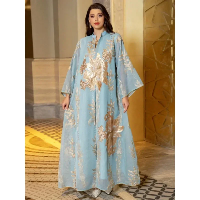 Customized Sequins Embroidered Abaya Dress For Women Moroccan Kaftan Turkey Arabic Jalabiya White Islamic Ethnic Robe 2025 Eid N
