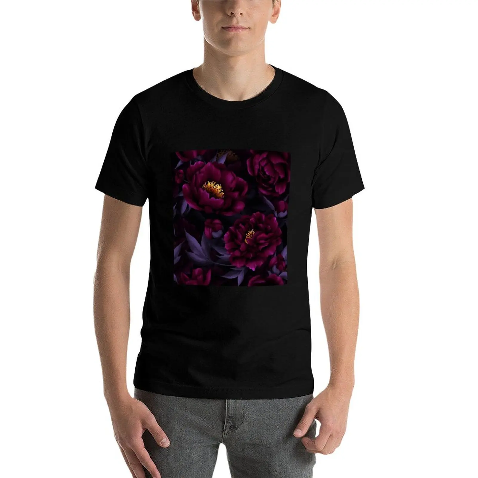 

Purple Hand Drawn Watercolor Peonies Pattern Botanical Night Garden T-Shirt t shirt custom print man t shirt luxury T-Shirt
