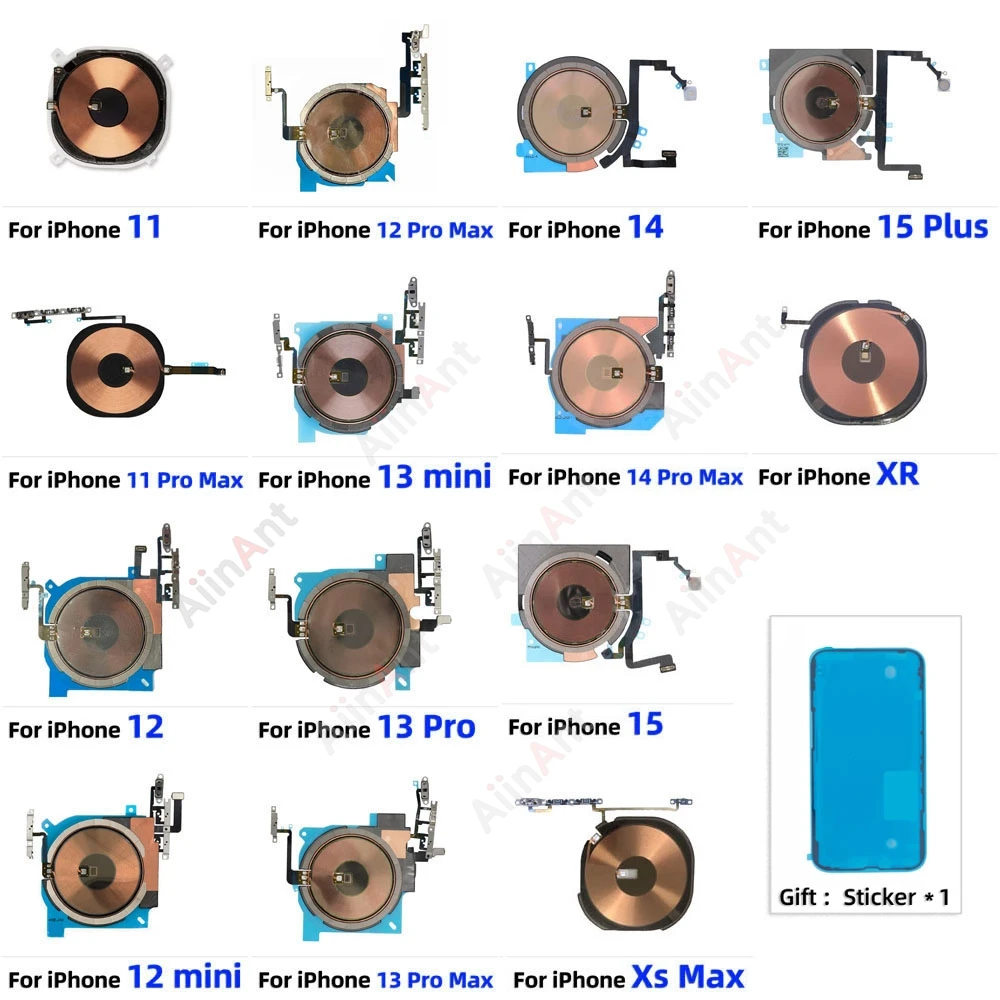 Power Volume FlashLight NFC Wireless Charging Flex Cable For iPhone 12 13 14 15 Pro Max Mini Plus With Sticker