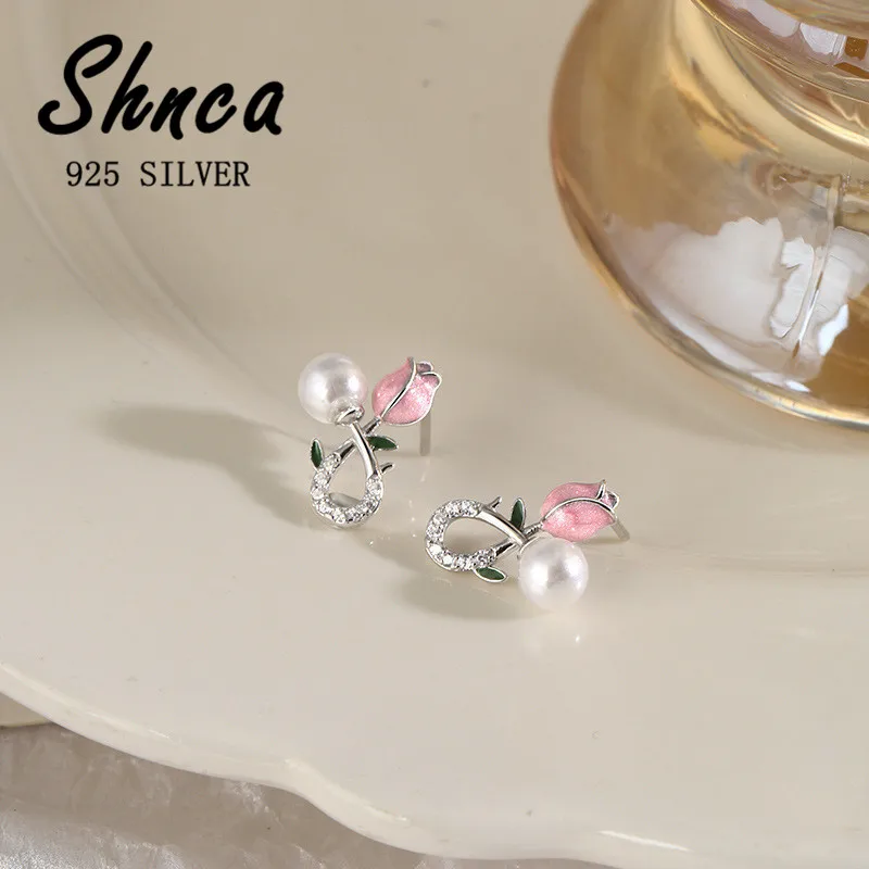 New Pure 925 Sterling Silver Tulip Flowers Pearl Rhinestone Stud Earrings For Women Girl Princess Fine Jewelry LE023