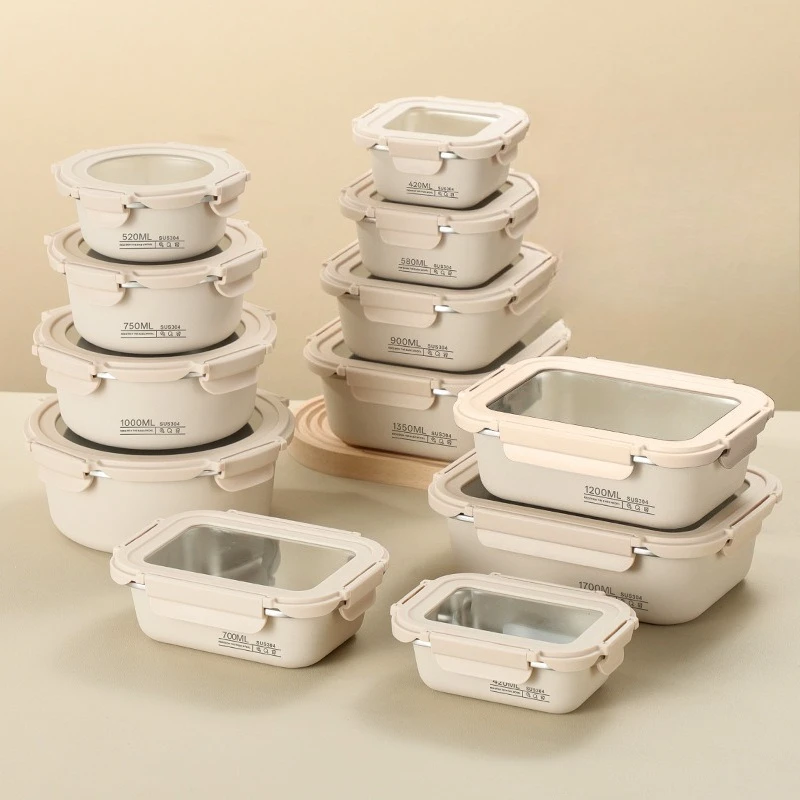 304 Stainless Steel Glass Lid Food Storage Container Leak Proof Bento Box with Visible Lid Kitchen Lunch Home Use Durable Safe