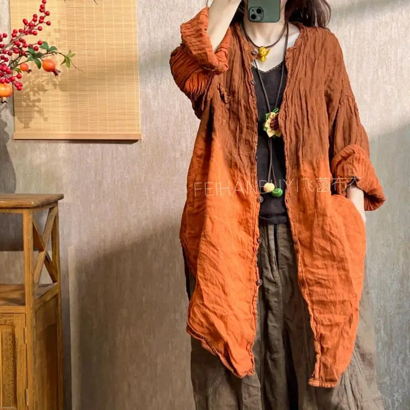 

New Arrival Spring Summer Arts Style Women Single Breasted Long Shirt Vintage Tie Dye Cotton Linen Loose Blouse Good Quality T96