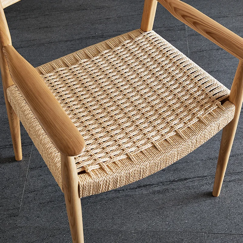 Nordic solid wood dining chair, home dining back chair, Japanese style simple rope book chair, log leisure armchair
