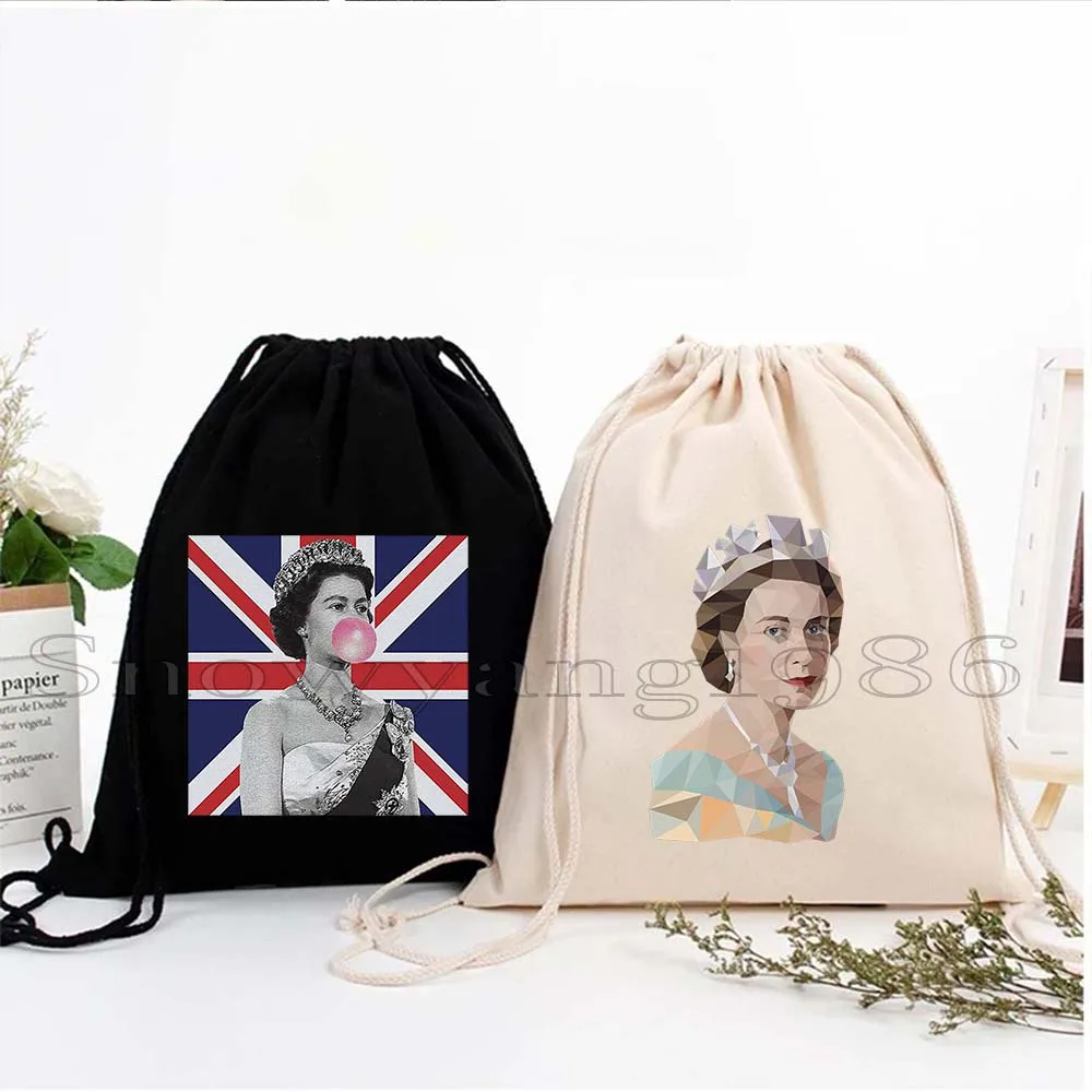 

Queen Elizabeth II Portrait Gifts England Flag British Canvas Drawstring Bag Backpack Gym Sacks Canvas Sport Pack for Men Women