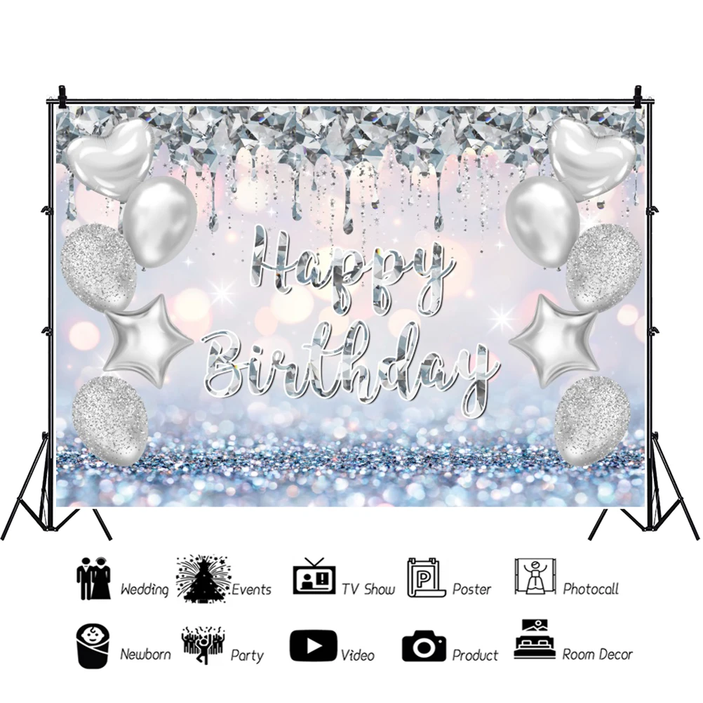 Adult Birthday Party Background Silver Glitter Diamond Balloon Baby Photography Custom Name Photography Backdrop Photo Studio