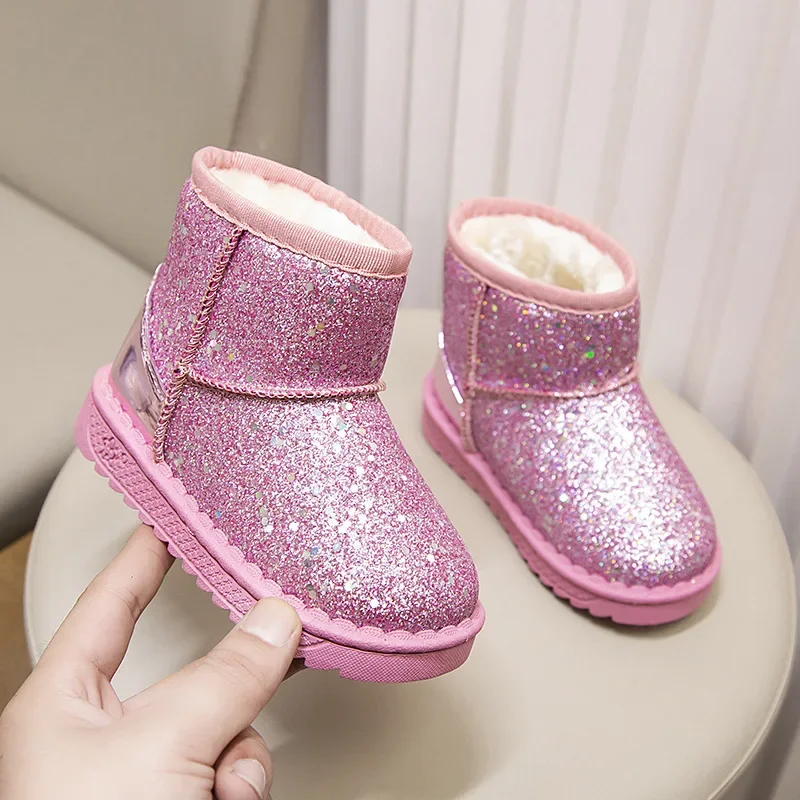 Kids Sequin Snow Boots Boy Girls Flat Non-slip Warm Cotton Shoes Mid-calf Snow Boots Children Students Outdoor Sports Warm Shoes