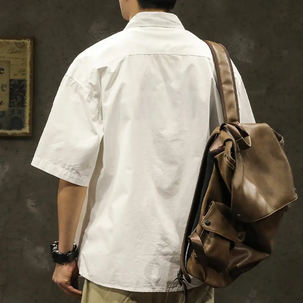 Short-sleeved Workwear Shirt Men's Spring Cargo Shirt with Turn-down Collar Single-breasted Design Chest Pocket for Outdoor