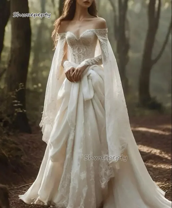 Medieval Renaissance Period Wedding Dress With Off Shoulder Cape Long Sleeves Lace Ivory A-Line Vintage Bridal Gown Customized image 3