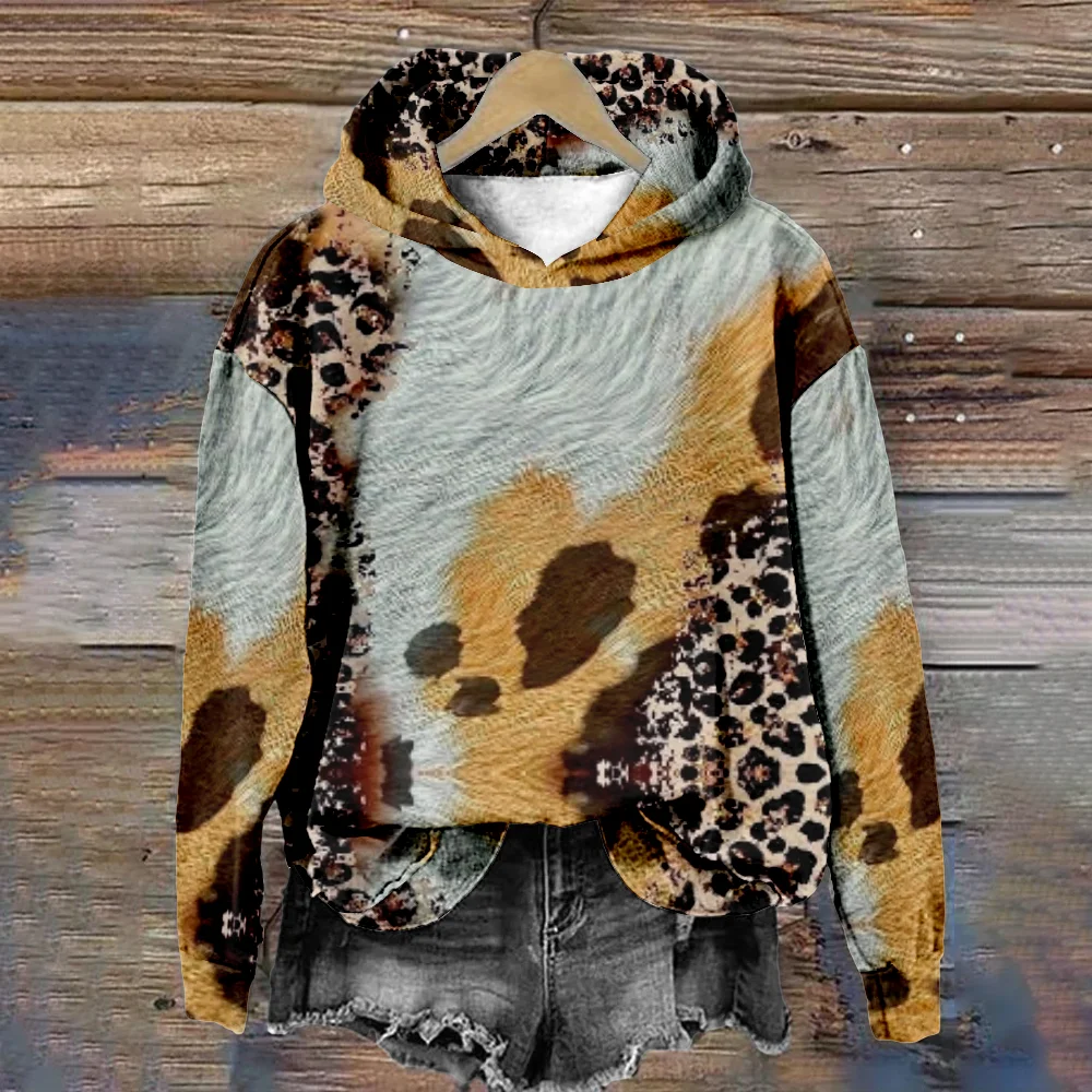 

Women Splicing Design Hoodie Leopard Print Harajuku 3D Print Long Sleeve Sweatshirt Casual Fashion