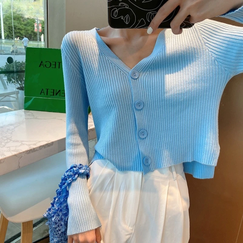 Solid Cardigans Women Korean Clothing V-neck Cropped Side-slit Sunscreen Tops Knitted Soft Gentle Streetwear College Cute Spring