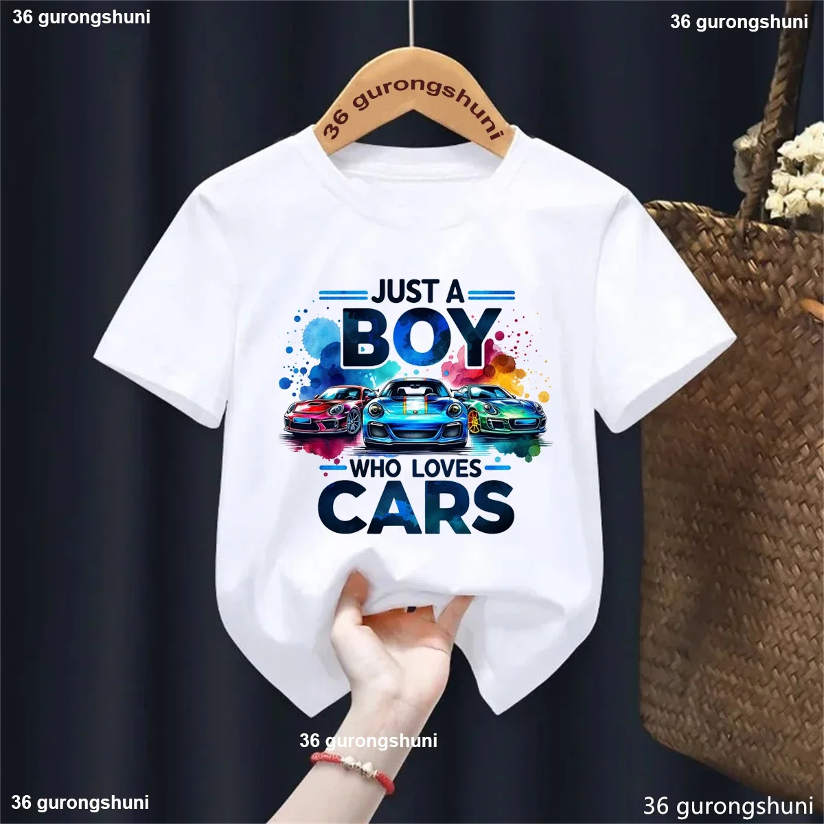 

Watercolor Just A Boy Who Loves Cars Printed T-Shirt Boys Kids Clothes Summer Short Sleeve White/Black/Blue/Grey T-Shirt