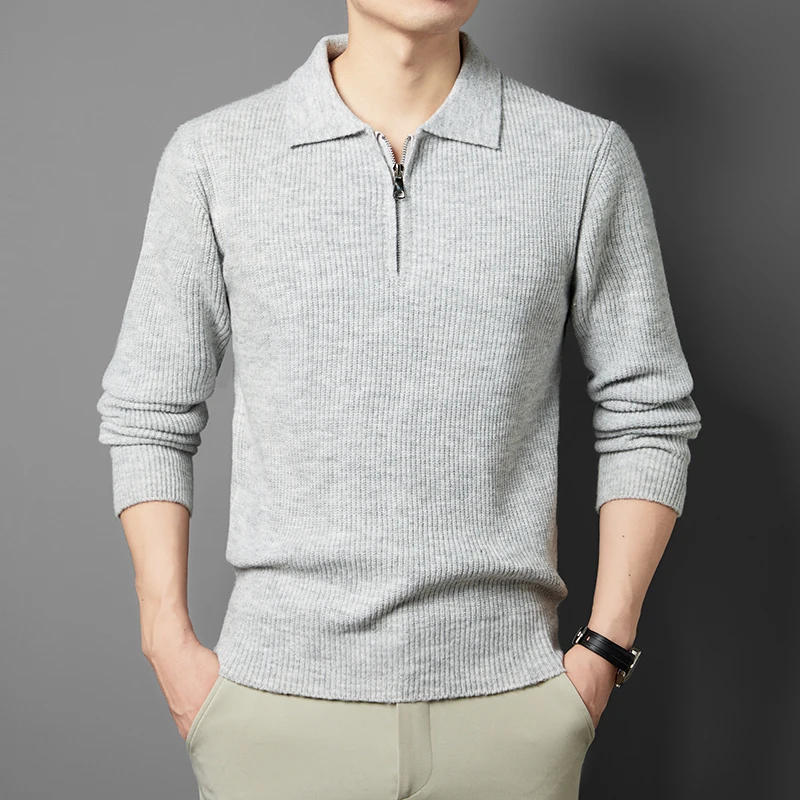 Suéter de punto de media cremallera con solapa de lujo de alta gama para hombre Otoño Invierno nuevo jersey Simple suave suéter para ir al trabajo de negocios ropa para hombre