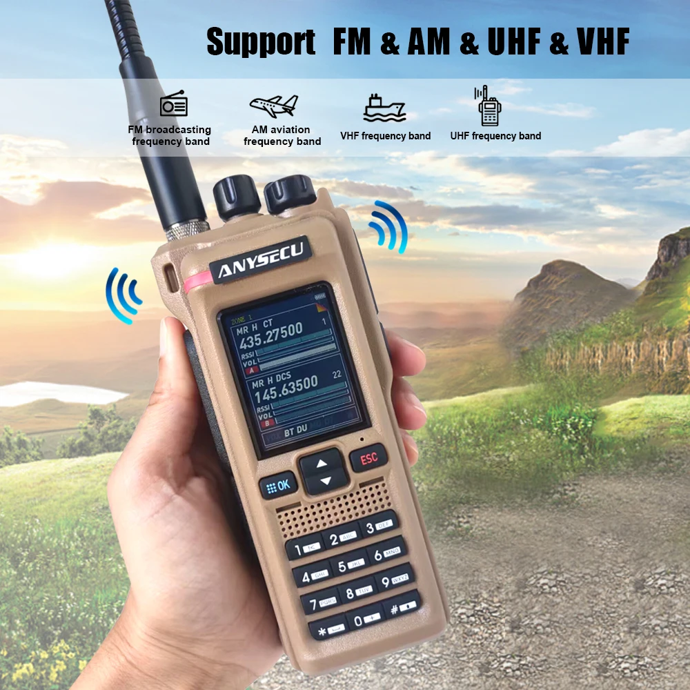 ANYSECU GT-12 FM AM UHF VHF Radio Genggam Multi Band 5W DTMF Walkie Talkie dengan Fungsi Pemrograman Bluetooth