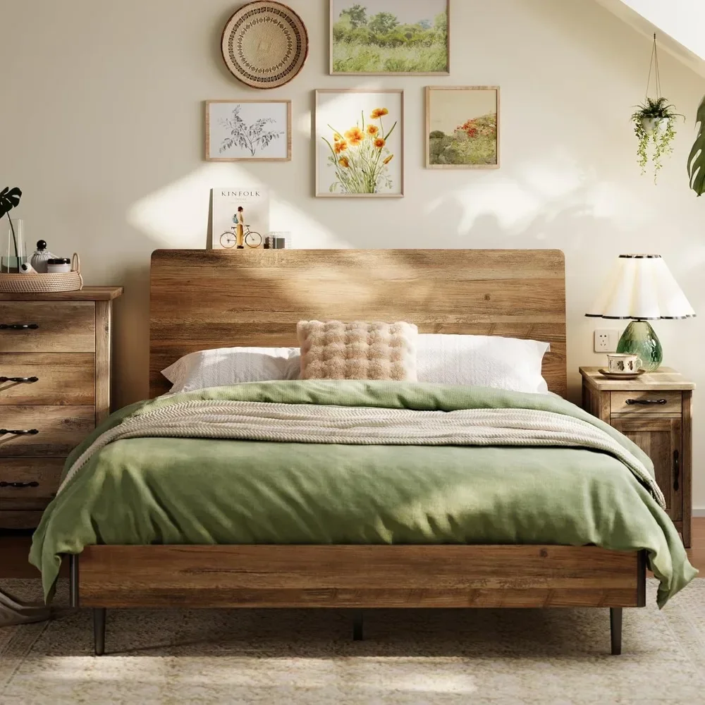 

Queen Bed Frame with Ergonomic Headboard with Storage Shelf, Bed Frame