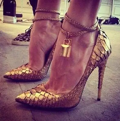 

Sexy Style Pointed Toe Shallow Metal Lock Women Pumps Shoes Stiletto High Heels Buckle Strap Design Large Size Shoes