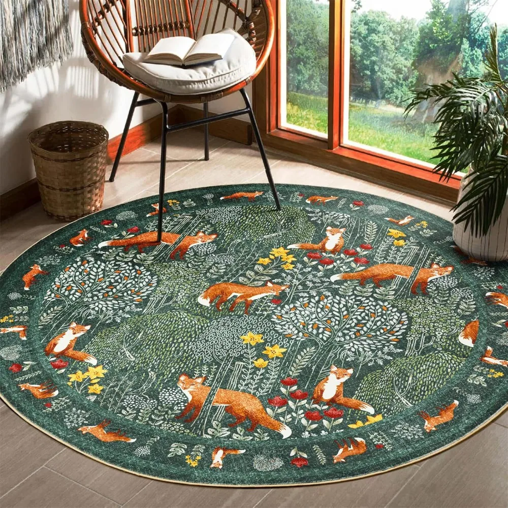 Round Fox Forest Carpet with Orange Red Foxes Nature Theme Kids Room Decor Bedroom Area Rug Soft Floor Mat Home Decor Gift view 2