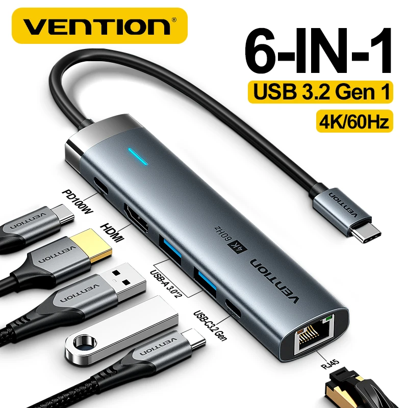 

Vention 6-in-1 Gen 1 USB C HUB USB 3.0 Adapter 4K@60Hz Type C 3.1 to HDMI RJ45 Gigabit Ethernet Docking Station For Macbook Pro