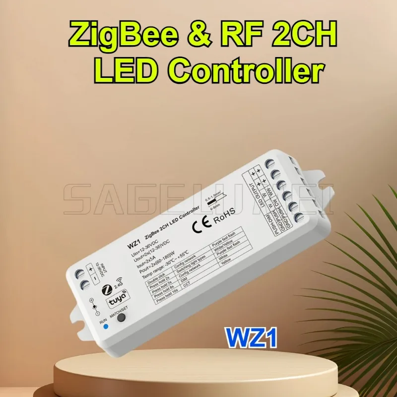 WZ1 2 Channels for Single Color CCT LED Strip LED Controller ZigBee 3.0 & RF 2 CH12-36V Tuya APP Cloud Wireless Remote Control