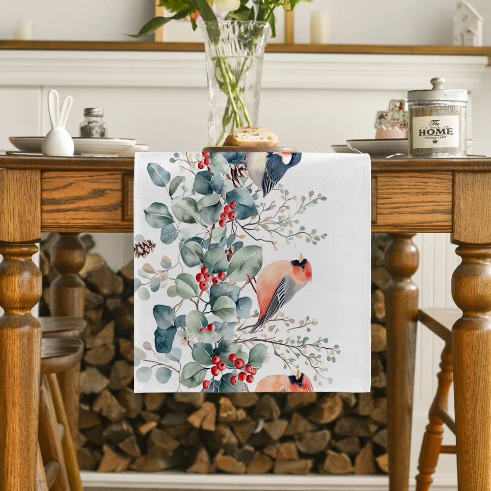Christmas Holly Fir Eucalyptus Pine Tower Bird Table Runner Farmhouse Dining Table Runners Wedding Party Table Decoration