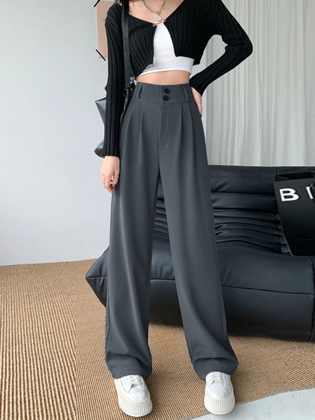 Gray Slim Wide Leg Pants Women's Casual Loose Fitting High Waist Spring Autumn New Style Drapey Straight Floor Length Suit Tr...