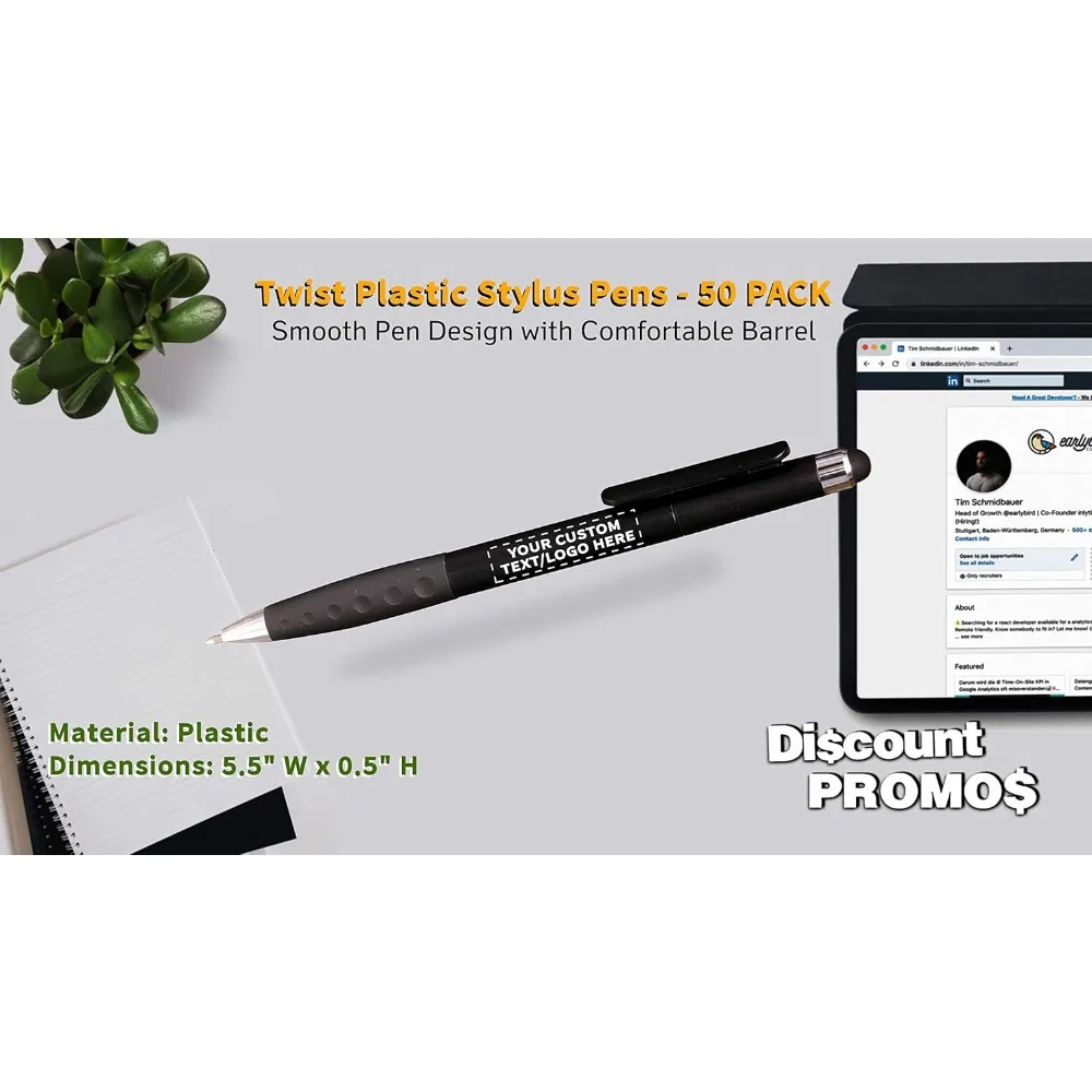 50 عبوة من أقلام القلم البلاستيكية الملتفة القابلة للتخصيص مع نص وشعار شخصي - أسود - مثالية للمناسبات الترويجية