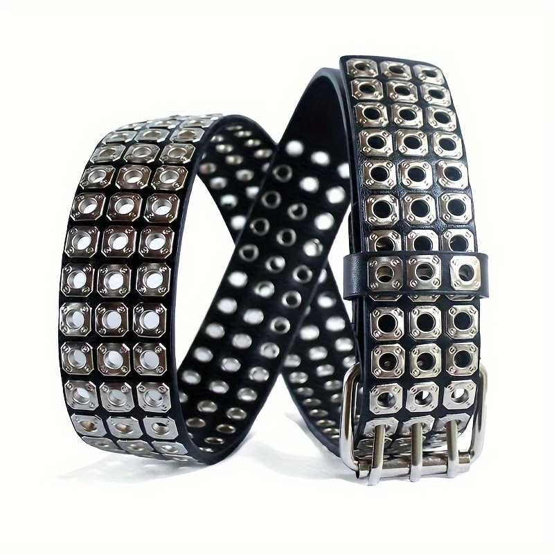 Unisex Square Bead Rivet Three-Row Eyelet Punk Style Pu Belt Y2K Millennial Hip-Hop Style Belt