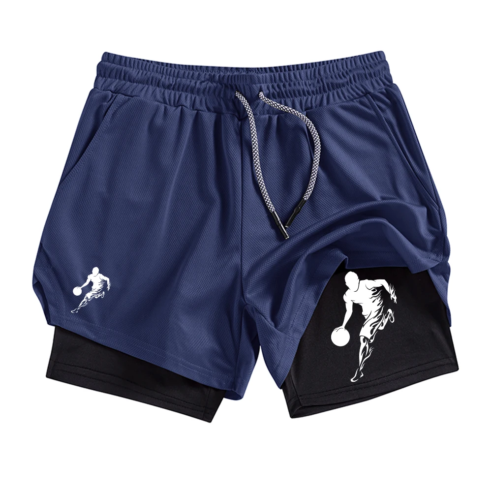 Men's Fun Basketball Print 2 In 1 Athletic Shorts Quick Dry Shorts For Running Fitness Wear With Towel Loop And Phone Pocket