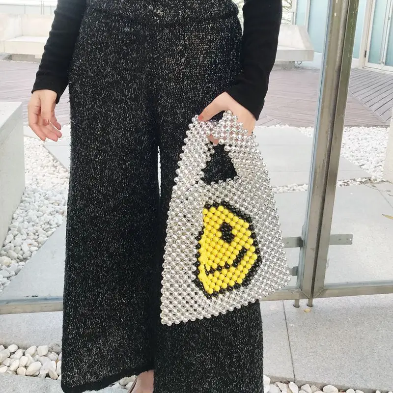 24x21CM Smile face Pattern Beaded Bag Pearl Bag Fairy Hand-woven Bag Handbag Large Capacity Fashion Temperament Women bag a5948