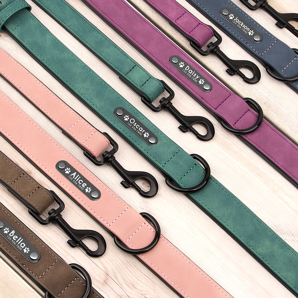 Personalisiertes PU-Leder-Hundehalsband-Leinen-Set, weich gepolsterte Hundehalsbänder, gravierte Haustier-ID-Halskette mit Leine für kleine große Hunde, Mops – Detail 19