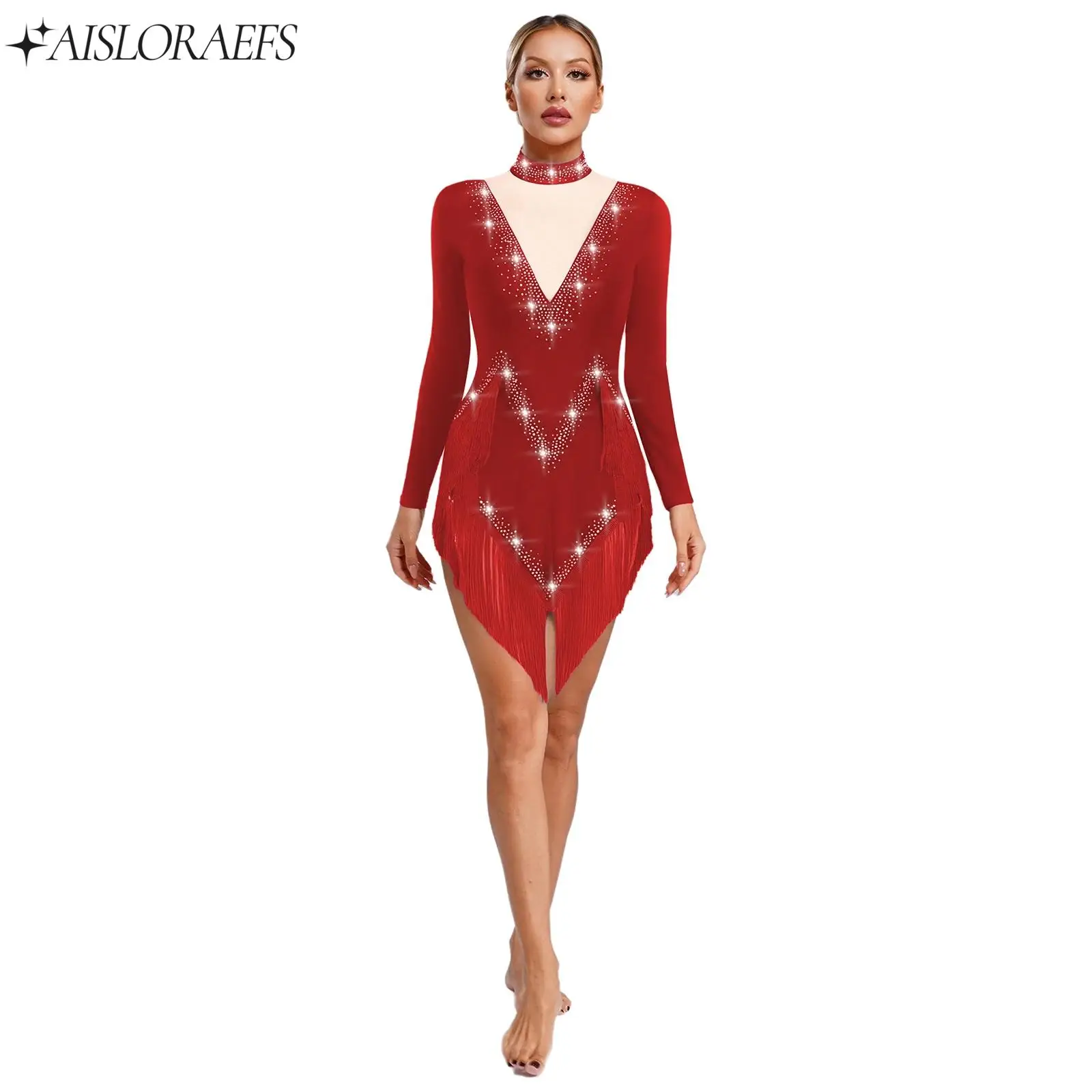 

Women Tassel Latin Dance Dresses Cha-Cha Tango Samba Rumba Performance Costume Long Sleeve Irregular Hem Shiny Rhinestones Dress