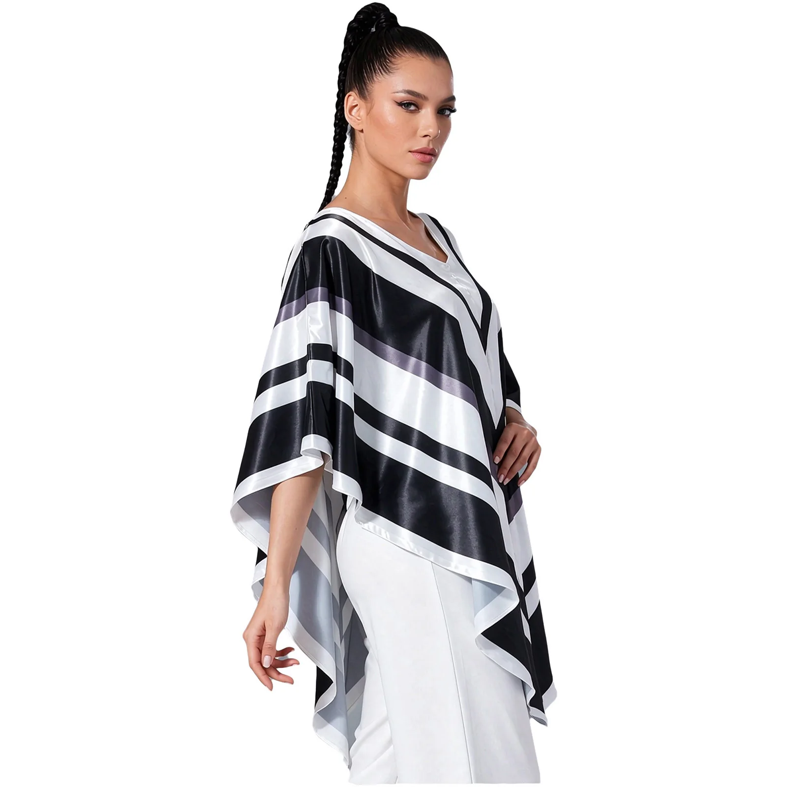 Womens Satin Poncho Shawl V Neck Irregular Hem Striped Cape Cloak Color-blocking Bolero Dress Cover Up Nightclub Hippie Costume